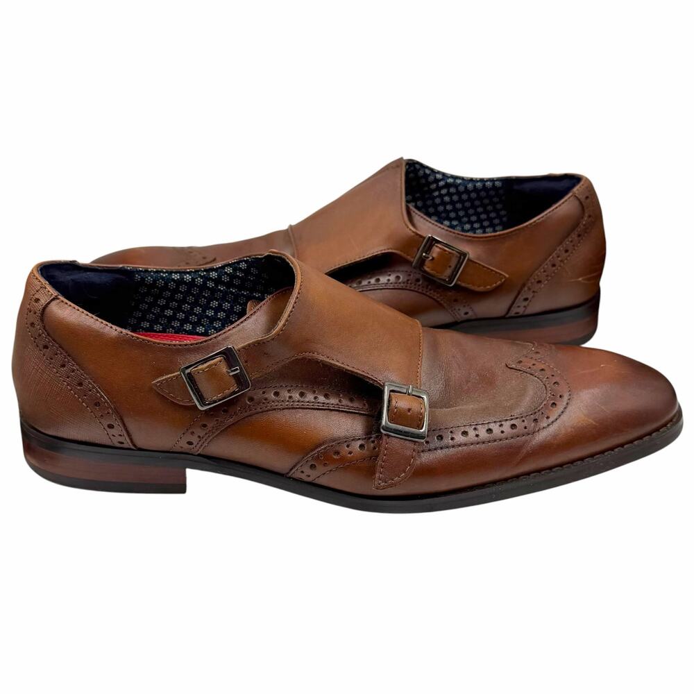 Stacy Adams Karson Cognac Brown Leather Wingtip Double Monk Strap Shoes Mens 10